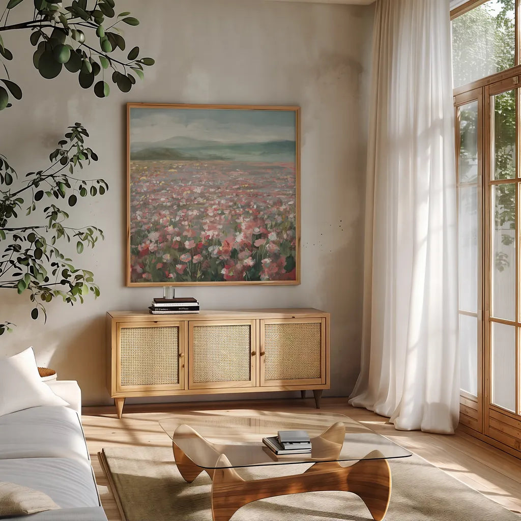 Headland Wildflowers Light by Danhui Nai. Shown in a natural wood frame in a cozy modern living room. Available as an archival giclee rolled canvas, fine art paper, or poster print. SKU 88115a.