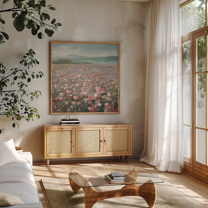 Headland Wildflowers Light by Danhui Nai. Shown in a natural wood frame in a cozy modern living room. Available as an archival giclee rolled canvas, fine art paper, or poster print. SKU 88115a.