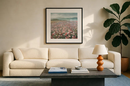 Headland Wildflowers Light by Danhui Nai. Displayed in a glass frame with matte in a clean modern living room. Available as an archival giclee rolled canvas, fine art paper, or poster print. SKU 88115a.