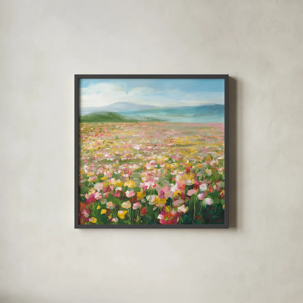 Headland Wildflowers v2 by Danhui Nai. Shown in a sleek black glass frame for a contemporary gallery look. Available as an archival giclee rolled canvas, fine art paper, or poster print. SKU 92625a.
