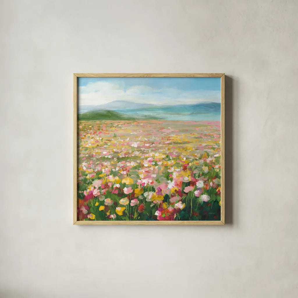 Headland Wildflowers v2 by Danhui Nai. Shown in a natural wood glass frame for a timeless modern aesthetic. Available as an archival giclee rolled canvas, fine art paper, or poster print. SKU 92625a.