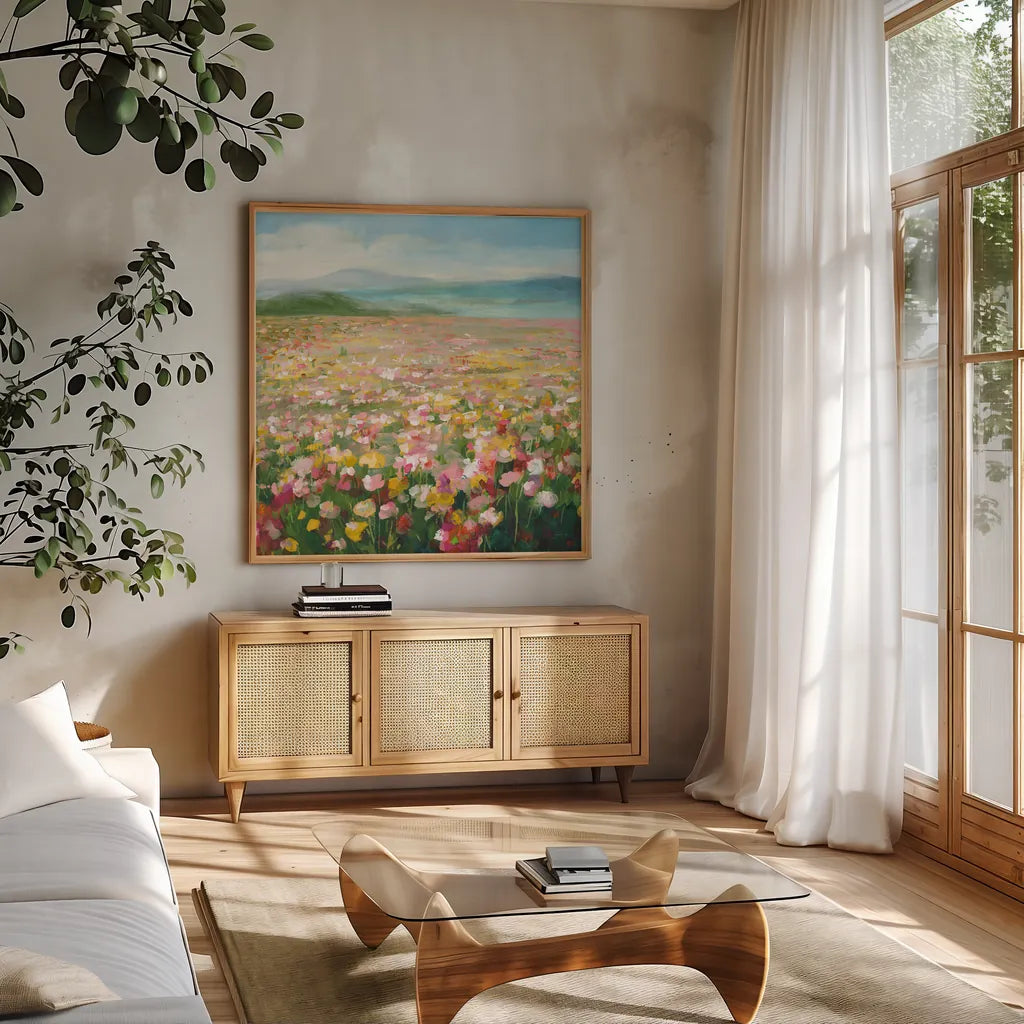 Headland Wildflowers v2 by Danhui Nai. Shown in a natural wood frame in a cozy modern living room. Available as an archival giclee rolled canvas, fine art paper, or poster print. SKU 92625a.
