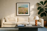 Headland Wildflowers v2 by Danhui Nai. Displayed in a glass frame with matte in a clean modern living room. Available as an archival giclee rolled canvas, fine art paper, or poster print. SKU 92625a.