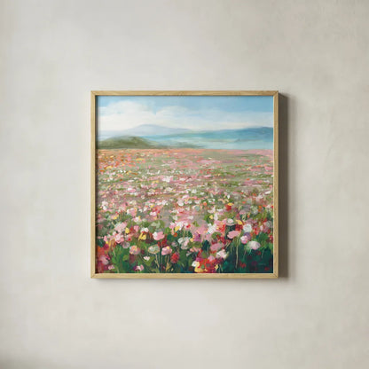 Headland Wildflowers v3 by Danhui Nai. Shown in a natural wood glass frame for a timeless modern aesthetic. Available as an archival giclee rolled canvas, fine art paper, or poster print. SKU 92626a.