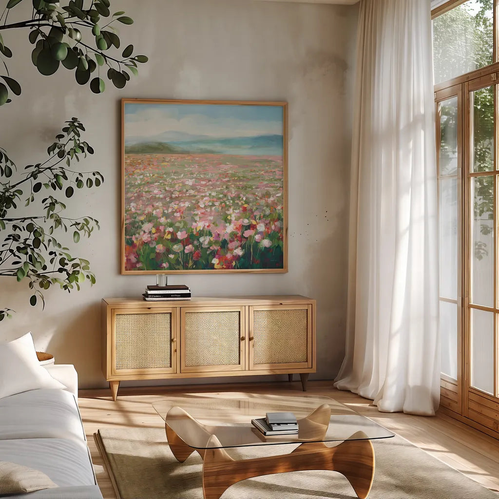 Headland Wildflowers v3 by Danhui Nai. Shown in a natural wood frame in a cozy modern living room. Available as an archival giclee rolled canvas, fine art paper, or poster print. SKU 92626a.