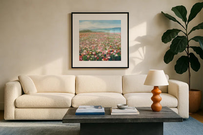Headland Wildflowers v3 by Danhui Nai. Displayed in a glass frame with matte in a clean modern living room. Available as an archival giclee rolled canvas, fine art paper, or poster print. SKU 92626a.