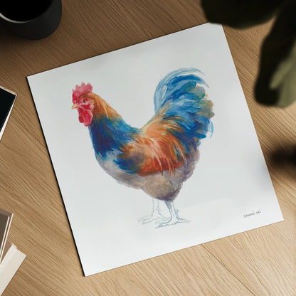 Hen on White by Danhui Nai. Shown as a detailed flat fine art print, highlighting archival giclee quality. Available as an archival giclee rolled canvas, fine art paper, or poster print. SKU 46171a.