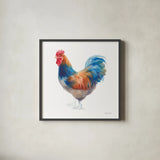 Hen on White by Danhui Nai. Shown in a sleek black glass frame for a contemporary gallery look. Available as an archival giclee rolled canvas, fine art paper, or poster print. SKU 46171a.