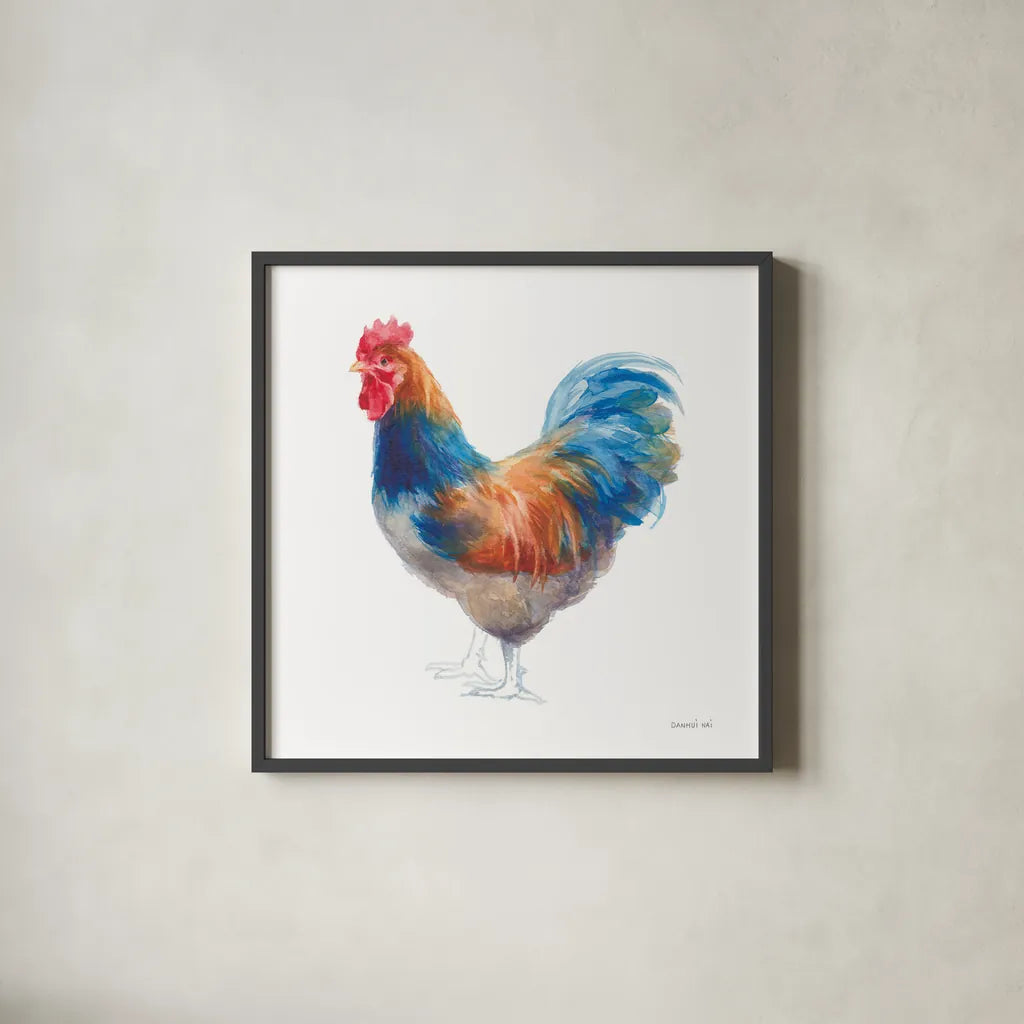 Hen on White by Danhui Nai. Shown in a sleek black glass frame for a contemporary gallery look. Available as an archival giclee rolled canvas, fine art paper, or poster print. SKU 46171a.