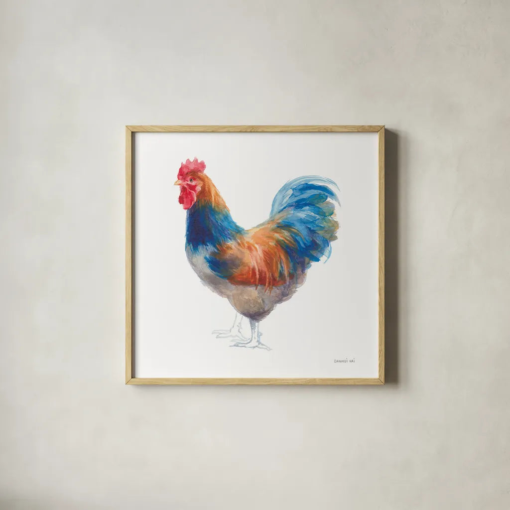 Hen on White by Danhui Nai. Shown in a natural wood glass frame for a timeless modern aesthetic. Available as an archival giclee rolled canvas, fine art paper, or poster print. SKU 46171a.