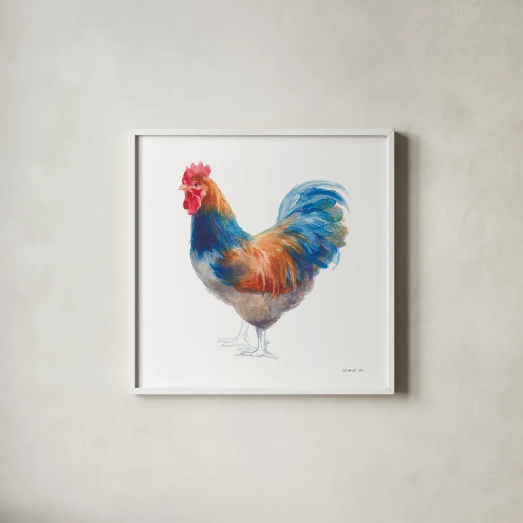 Hen on White by Danhui Nai. Shown in a crisp white glass frame for a clean and minimalist style. Available as an archival giclee rolled canvas, fine art paper, or poster print. SKU 46171a.