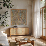 Henna by Danhui Nai. Shown in a natural wood frame in a cozy modern living room. Available as an archival giclee rolled canvas, fine art paper, or poster print. SKU 34616a.