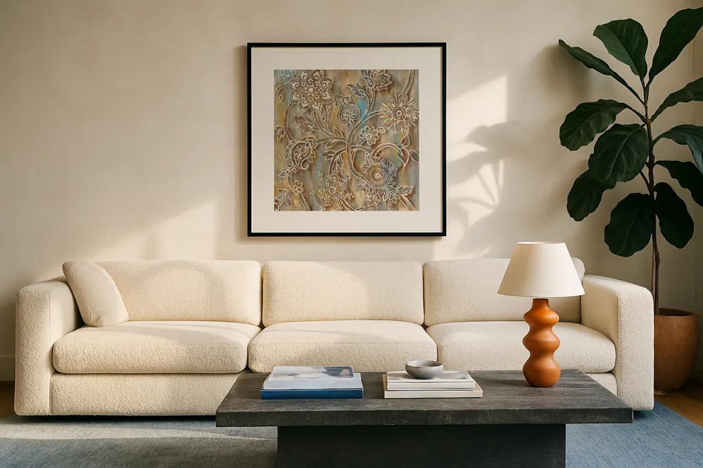 Henna Crop by Danhui Nai. Displayed in a glass frame with matte in a clean modern living room. Available as an archival giclee rolled canvas, fine art paper, or poster print. SKU 28647a.