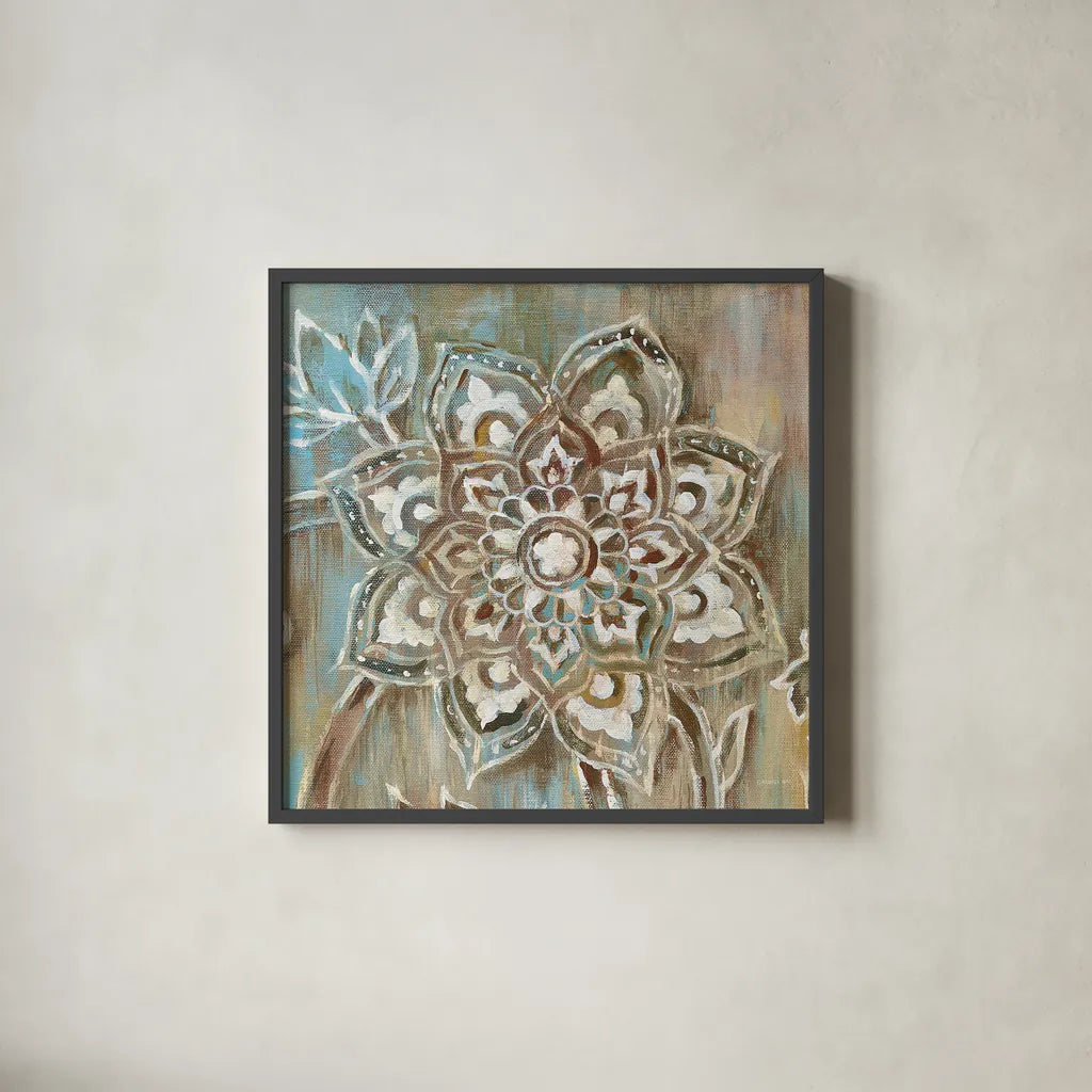 Henna II Blue by Danhui Nai. Shown in a sleek black glass frame for a contemporary gallery look. Available as an archival giclee rolled canvas, fine art paper, or poster print. SKU 31333a.