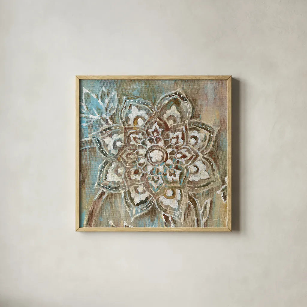 Henna II Blue by Danhui Nai. Shown in a natural wood glass frame for a timeless modern aesthetic. Available as an archival giclee rolled canvas, fine art paper, or poster print. SKU 31333a.