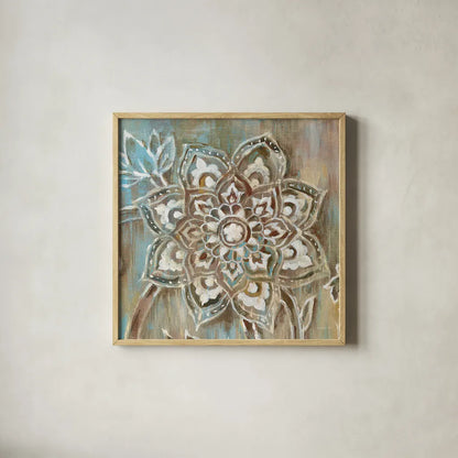 Henna II Blue by Danhui Nai. Shown in a natural wood glass frame for a timeless modern aesthetic. Available as an archival giclee rolled canvas, fine art paper, or poster print. SKU 31333a.