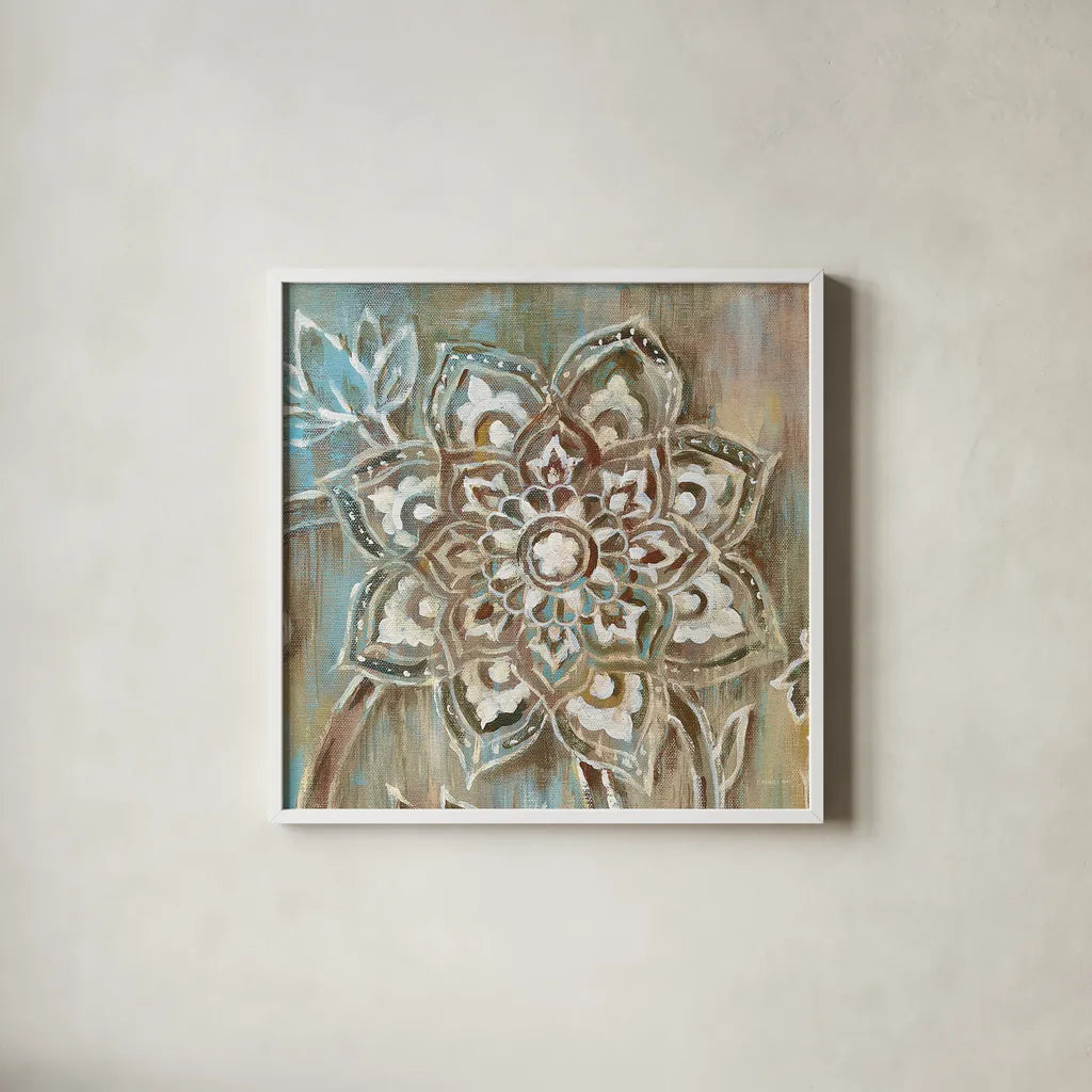 Henna II Blue by Danhui Nai. Shown in a crisp white glass frame for a clean and minimalist style. Available as an archival giclee rolled canvas, fine art paper, or poster print. SKU 31333a.