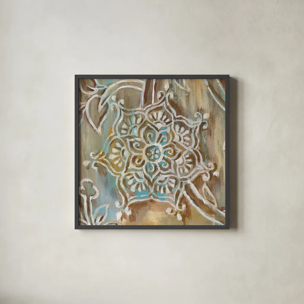 Henna III Blue by Danhui Nai. Shown in a sleek black glass frame for a contemporary gallery look. Available as an archival giclee rolled canvas, fine art paper, or poster print. SKU 31334a.