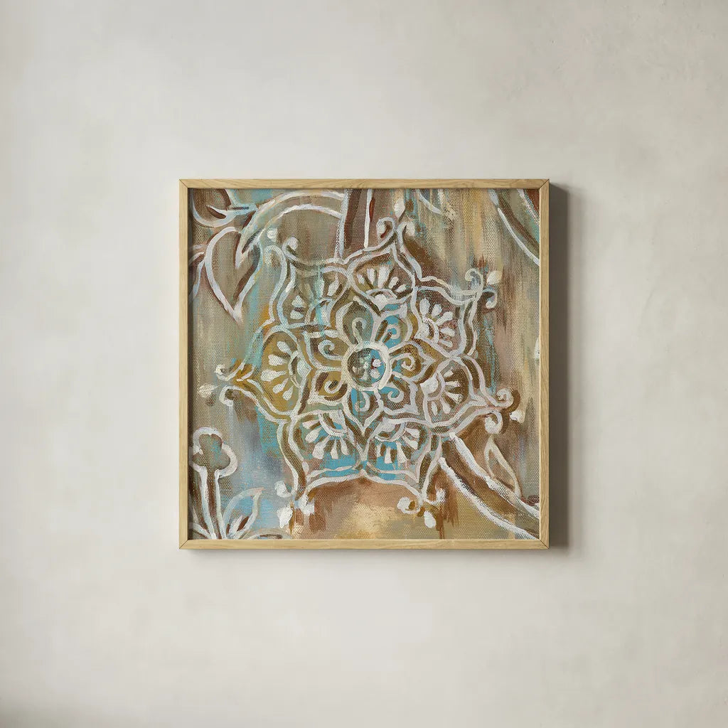 Henna III Blue by Danhui Nai. Shown in a natural wood glass frame for a timeless modern aesthetic. Available as an archival giclee rolled canvas, fine art paper, or poster print. SKU 31334a.