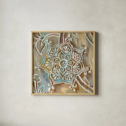 Henna III Blue by Danhui Nai. Shown in a natural wood glass frame for a timeless modern aesthetic. Available as an archival giclee rolled canvas, fine art paper, or poster print. SKU 31334a.