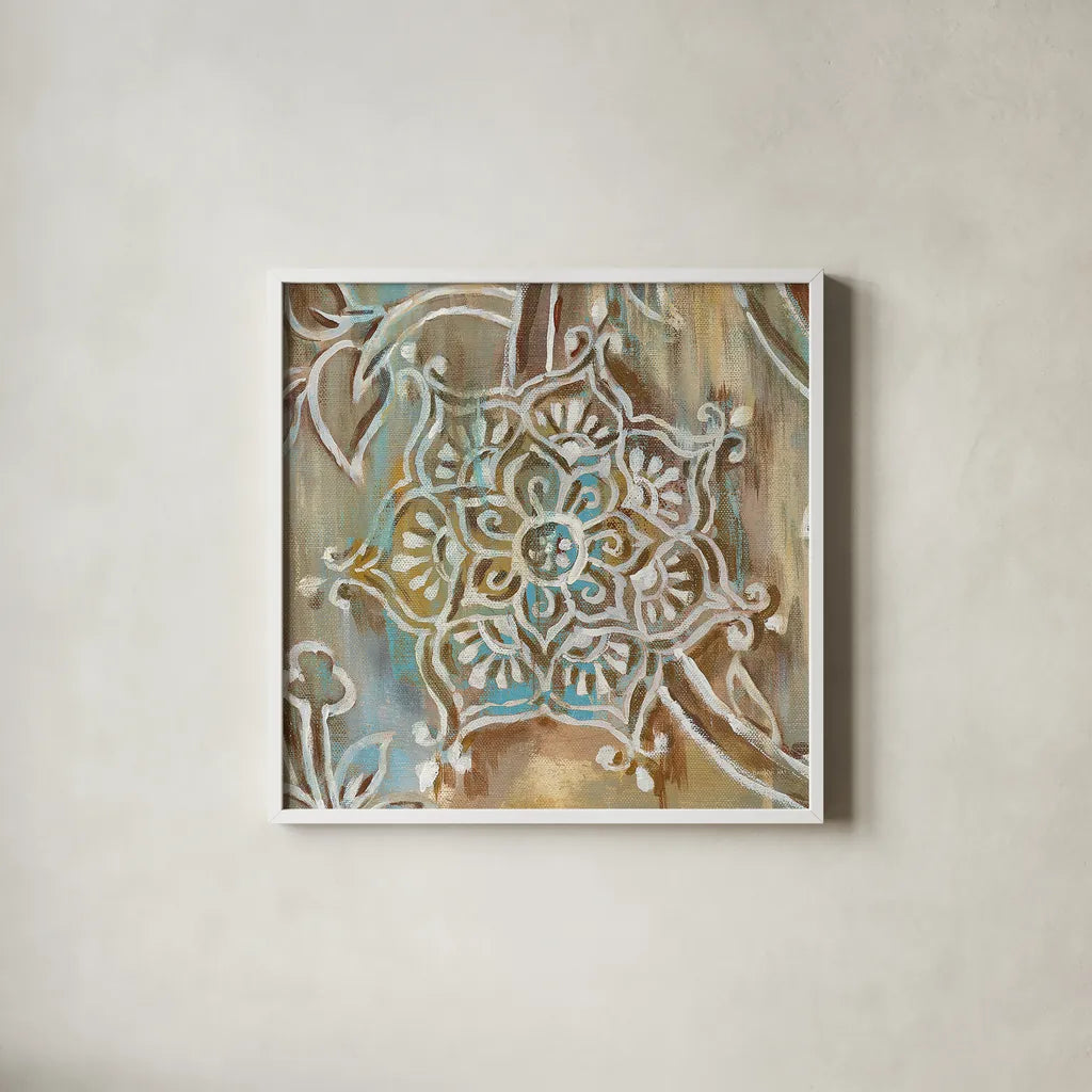Henna III Blue by Danhui Nai. Shown in a crisp white glass frame for a clean and minimalist style. Available as an archival giclee rolled canvas, fine art paper, or poster print. SKU 31334a.