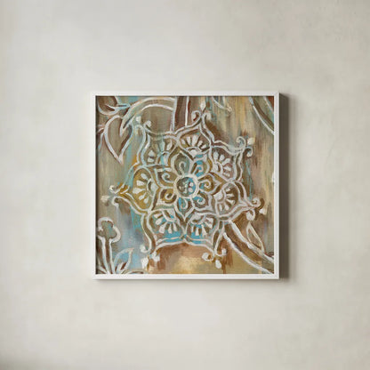 Henna III Blue by Danhui Nai. Shown in a crisp white glass frame for a clean and minimalist style. Available as an archival giclee rolled canvas, fine art paper, or poster print. SKU 31334a.