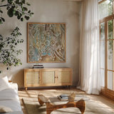 Henna III Blue by Danhui Nai. Shown in a natural wood frame in a cozy modern living room. Available as an archival giclee rolled canvas, fine art paper, or poster print. SKU 31334a.