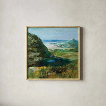 Hidden Beach by Danhui Nai. Shown in a natural wood glass frame for a timeless modern aesthetic. Available as an archival giclee rolled canvas, fine art paper, or poster print. SKU 81372a.
