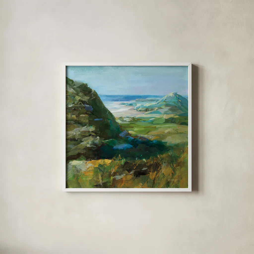 Hidden Beach by Danhui Nai. Shown in a crisp white glass frame for a clean and minimalist style. Available as an archival giclee rolled canvas, fine art paper, or poster print. SKU 81372a.