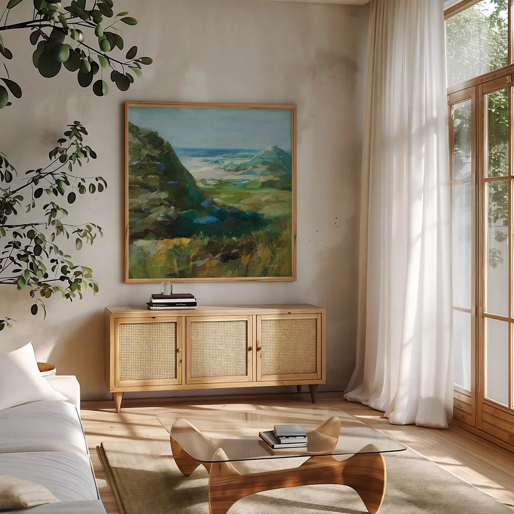 Hidden Beach by Danhui Nai. Shown in a natural wood frame in a cozy modern living room. Available as an archival giclee rolled canvas, fine art paper, or poster print. SKU 81372a.