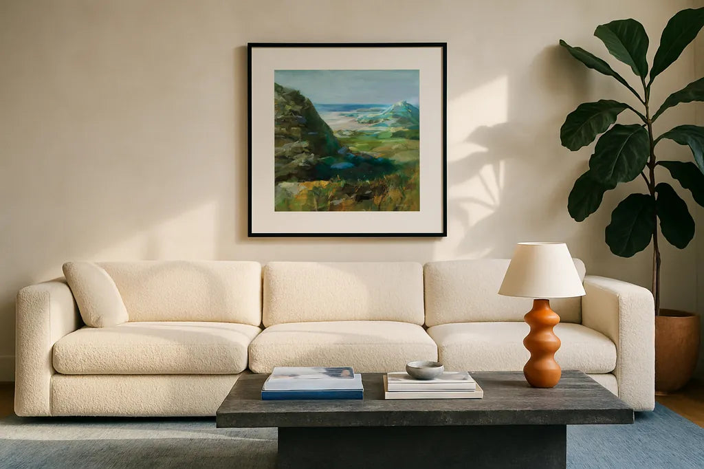 Hidden Beach by Danhui Nai. Displayed in a glass frame with matte in a clean modern living room. Available as an archival giclee rolled canvas, fine art paper, or poster print. SKU 81372a.