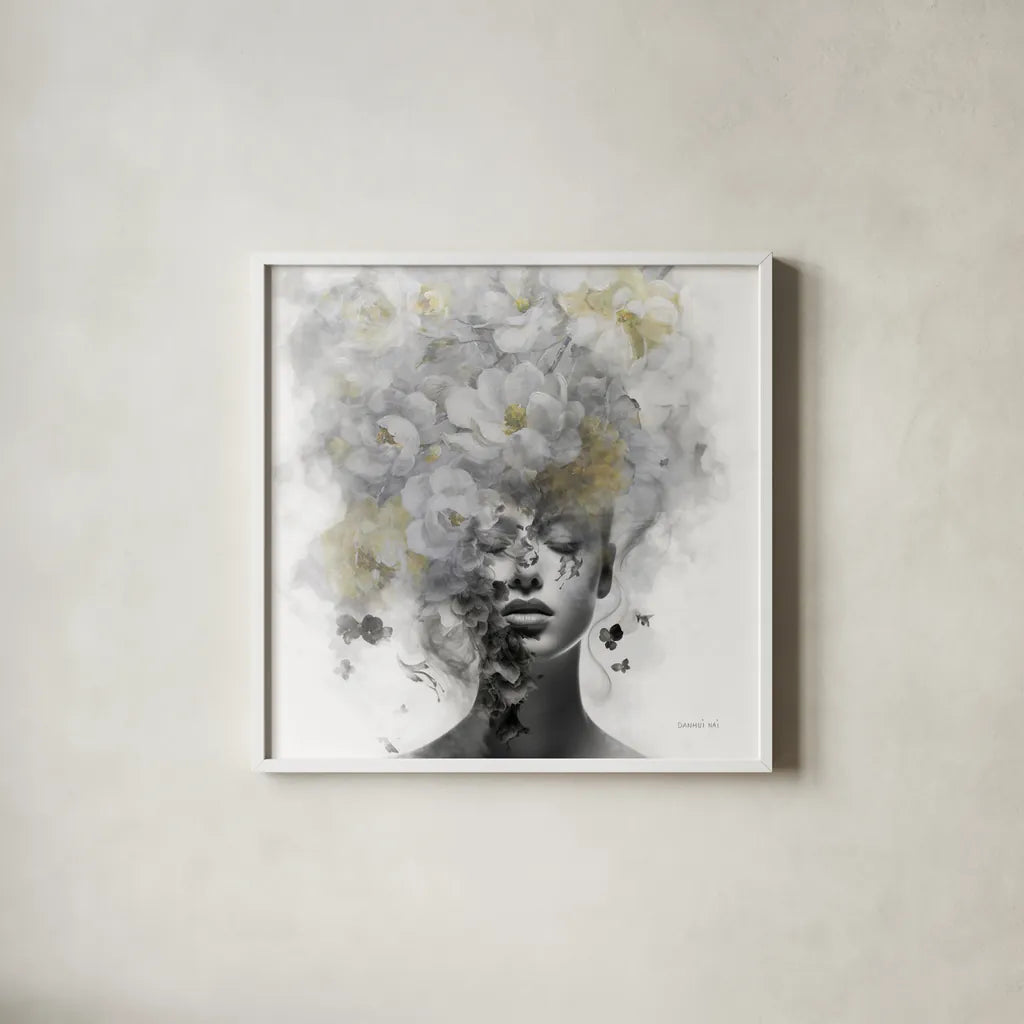 Hidden Spring by Danhui Nai. Shown in a crisp white glass frame for a clean and minimalist style. Available as an archival giclee rolled canvas, fine art paper, or poster print. SKU 91065a.