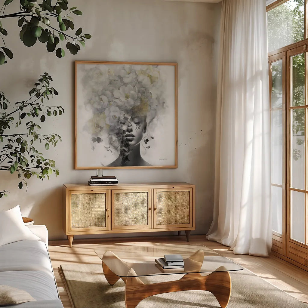 Hidden Spring by Danhui Nai. Shown in a natural wood frame in a cozy modern living room. Available as an archival giclee rolled canvas, fine art paper, or poster print. SKU 91065a.