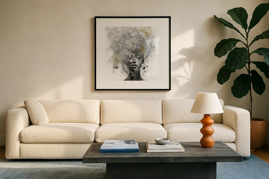 Hidden Spring by Danhui Nai. Displayed in a glass frame with matte in a clean modern living room. Available as an archival giclee rolled canvas, fine art paper, or poster print. SKU 91065a.