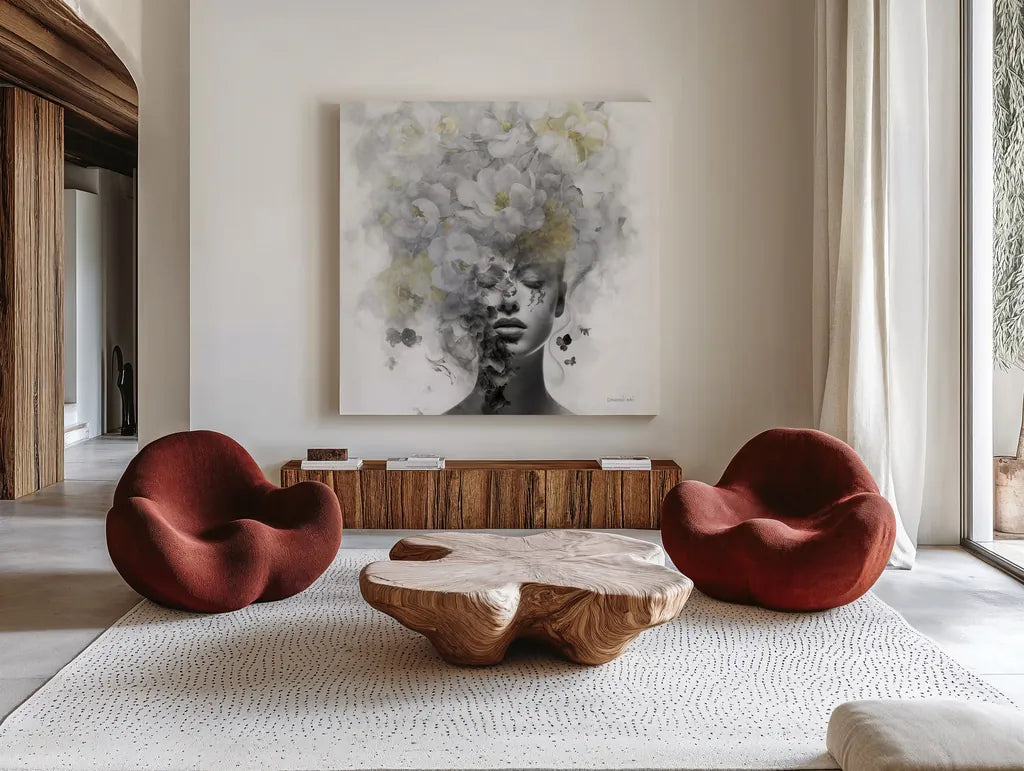 Hidden Spring by Danhui Nai. Shown as extra-large giant wall art in a modern living room. Available as an archival giclee rolled canvas, fine art paper, or poster print. SKU 91065a.