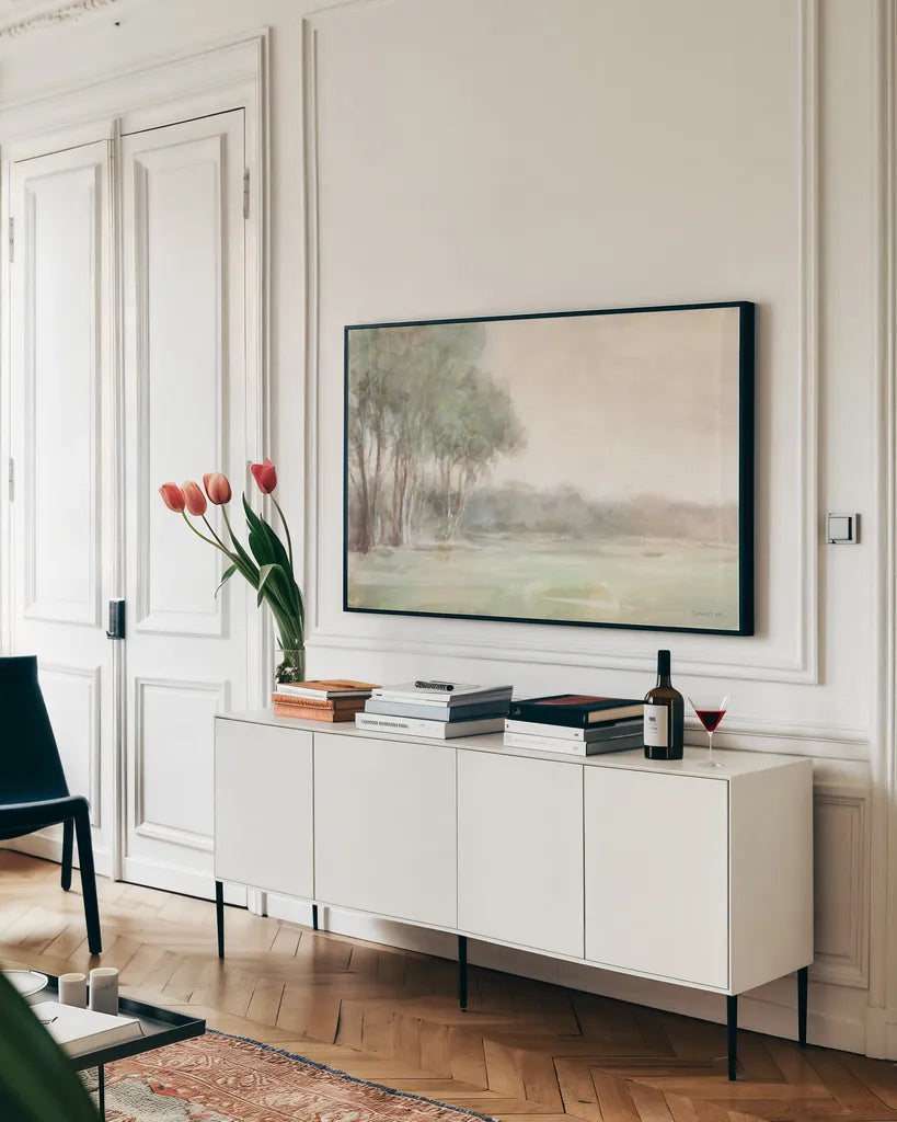 High Summer Field Neutral Crop by Danhui Nai. shown as a framed stretched canvas in a living room above a console. Available as a archival giclee rolled canvas, fine art paper, or poster print. SKU 79057i.