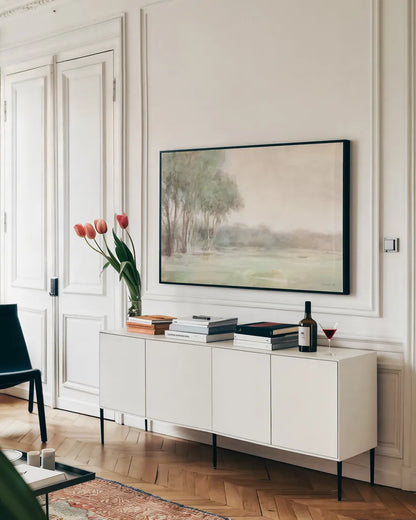High Summer Field Neutral Crop by Danhui Nai. shown as a framed stretched canvas in a living room above a console. Available as a archival giclee rolled canvas, fine art paper, or poster print. SKU 79057i.