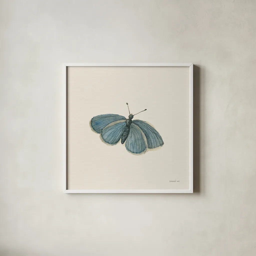 Honeybloom Butterfly I by Danhui Nai. Shown in a crisp white glass frame for a clean and minimalist style. Available as an archival giclee rolled canvas, fine art paper, or poster print. SKU 95259a.