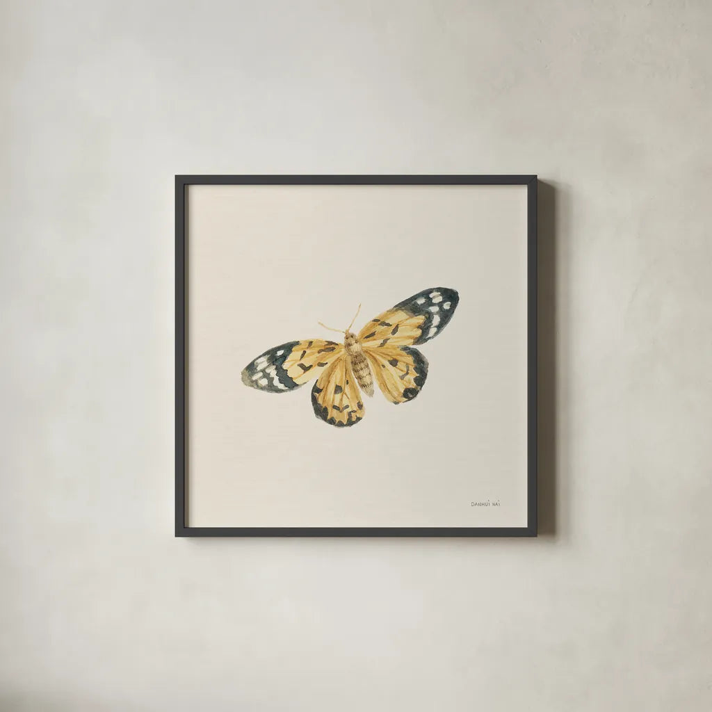 Honeybloom Butterfly II by Danhui Nai. Shown in a sleek black glass frame for a contemporary gallery look. Available as an archival giclee rolled canvas, fine art paper, or poster print. SKU 95260a.
