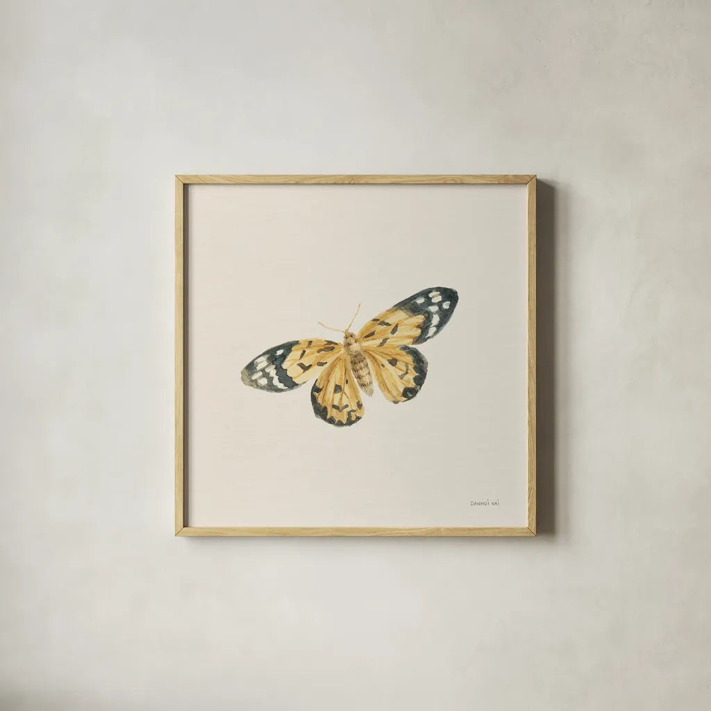 Honeybloom Butterfly II by Danhui Nai. Shown in a natural wood glass frame for a timeless modern aesthetic. Available as an archival giclee rolled canvas, fine art paper, or poster print. SKU 95260a.