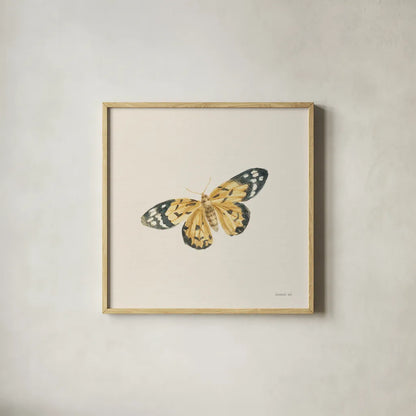 Honeybloom Butterfly II by Danhui Nai. Shown in a natural wood glass frame for a timeless modern aesthetic. Available as an archival giclee rolled canvas, fine art paper, or poster print. SKU 95260a.