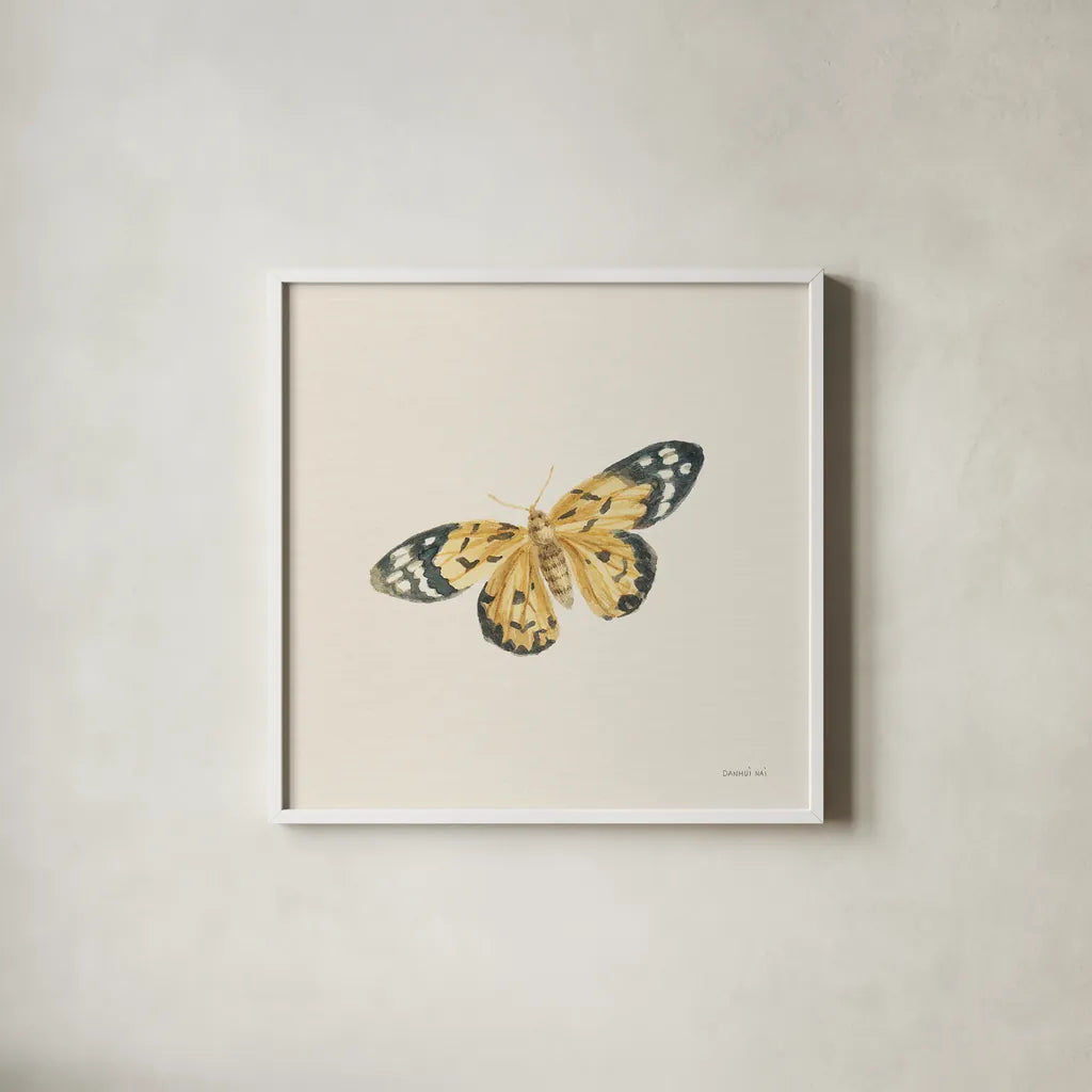Honeybloom Butterfly II by Danhui Nai. Shown in a crisp white glass frame for a clean and minimalist style. Available as an archival giclee rolled canvas, fine art paper, or poster print. SKU 95260a.