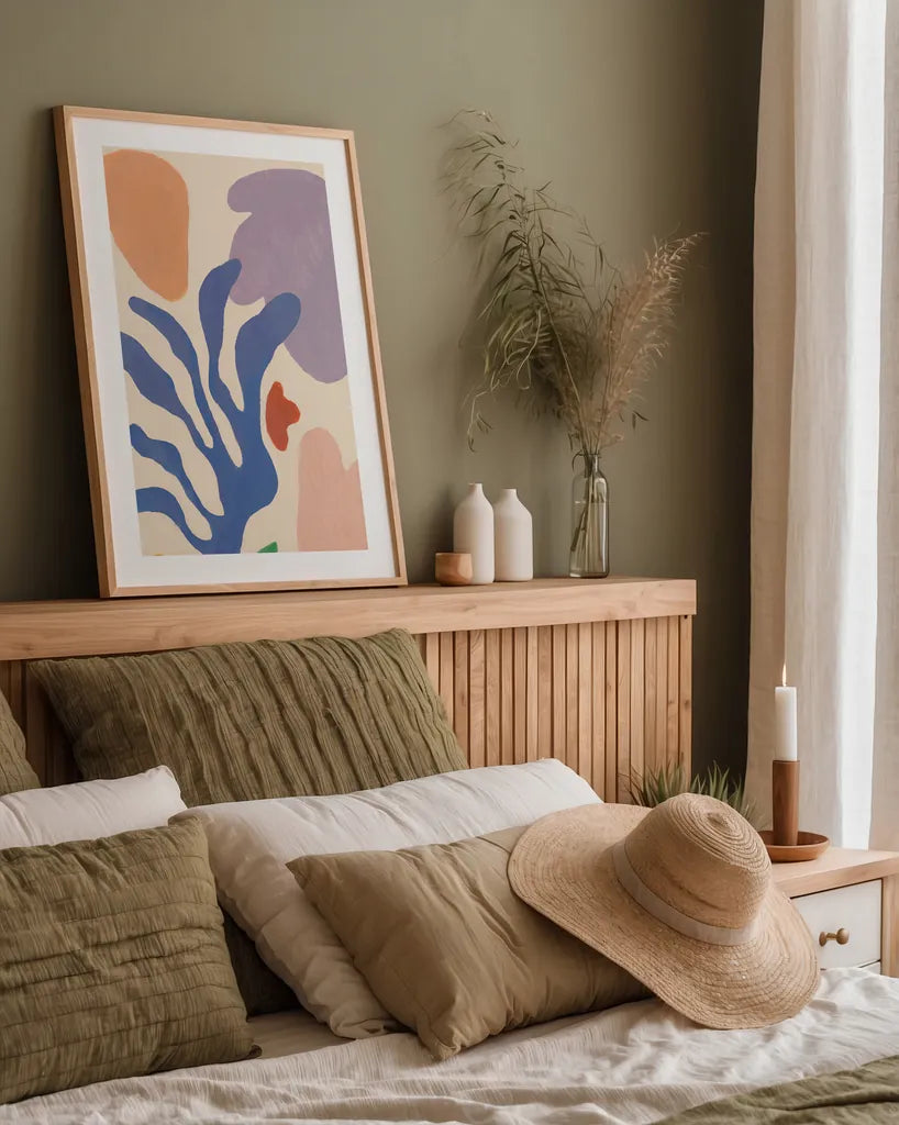 Honoring Matisse Warm v2 by Danhui Nai. shown as a paper print in a natural frame. Available as a archival giclee rolled canvas, fine art paper, or poster print. SKU 80700h.