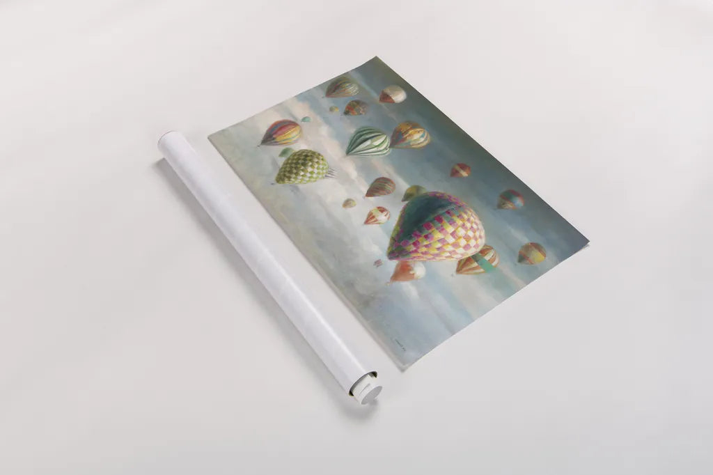 Hot Air Balloons with Pink by Danhui Nai. shown as a rolled paper print. Available as archival giclee rolled canvas, fine art paper, or poster print. SKU 47867i.