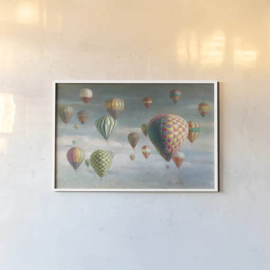 Hot Air Balloons with Pink by Danhui Nai. shown as a paper print in a white frame. Available as a archival giclee rolled canvas, fine art paper, or poster print. SKU 47867i.