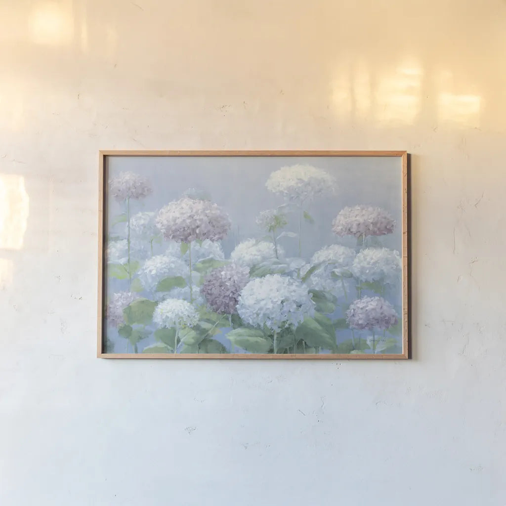 Hydrangea Garden by Danhui Nai. shown as a paper print in a natural frame. Available as a archival giclee rolled canvas, fine art paper, or poster print. SKU 87629i.