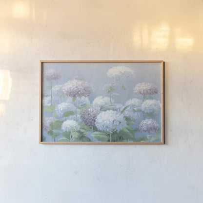 Hydrangea Garden by Danhui Nai. shown as a paper print in a natural frame. Available as a archival giclee rolled canvas, fine art paper, or poster print. SKU 87629i.