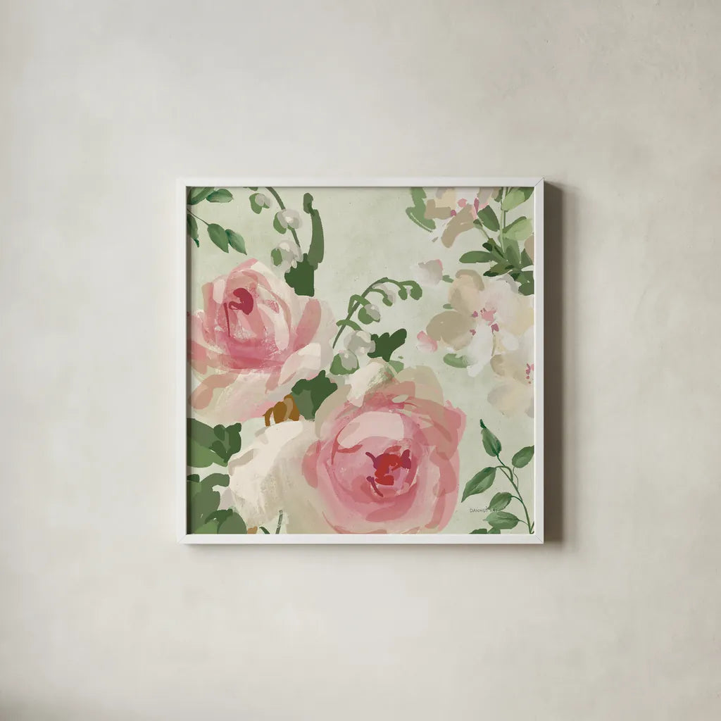 Impressionist Garden V by Danhui Nai. Shown in a crisp white glass frame for a clean and minimalist style. Available as an archival giclee rolled canvas, fine art paper, or poster print. SKU 83951a.