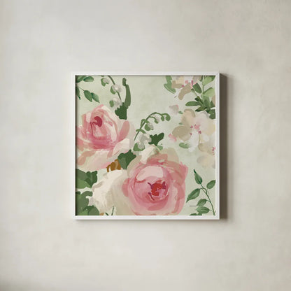Impressionist Garden V by Danhui Nai. Shown in a crisp white glass frame for a clean and minimalist style. Available as an archival giclee rolled canvas, fine art paper, or poster print. SKU 83951a.
