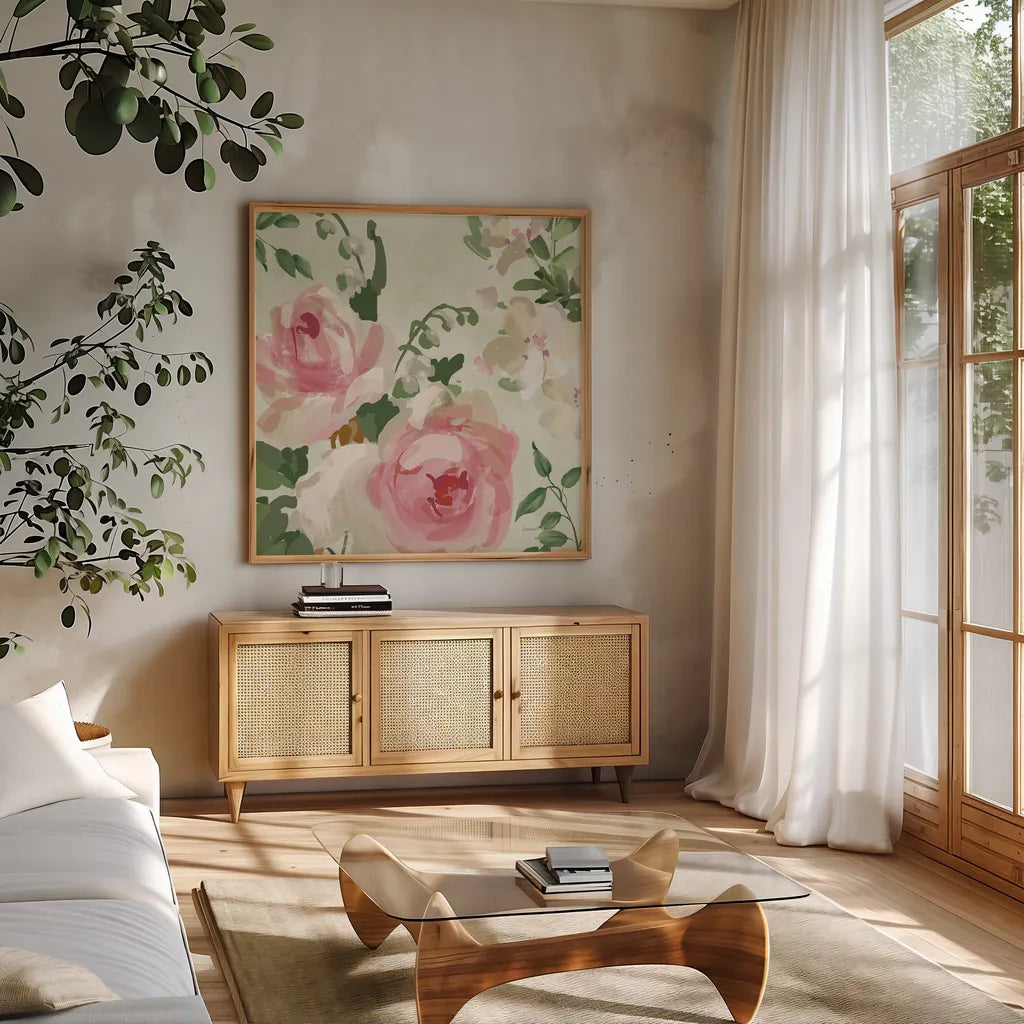 Impressionist Garden V by Danhui Nai. Shown in a natural wood frame in a cozy modern living room. Available as an archival giclee rolled canvas, fine art paper, or poster print. SKU 83951a.